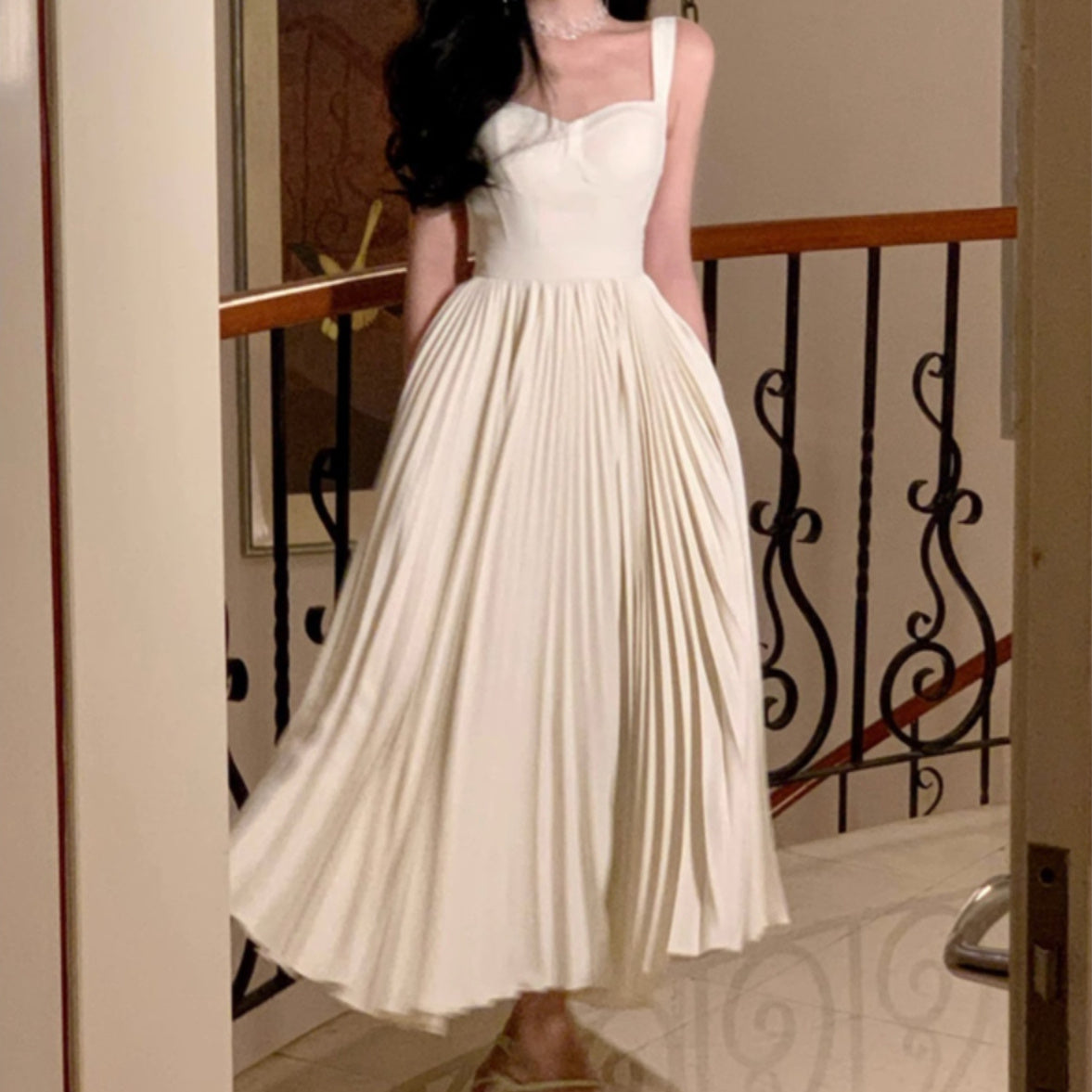 Milky White Pleated Sling Dress for Women Sleeveless Long Skirt