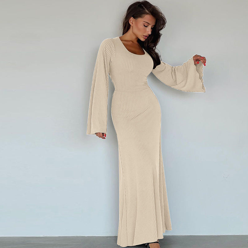 Women's U-Neck Lace-Up Back Princess Dress with Bell Sleeves