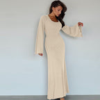 Women's U-Neck Lace-Up Back Princess Dress with Bell Sleeves