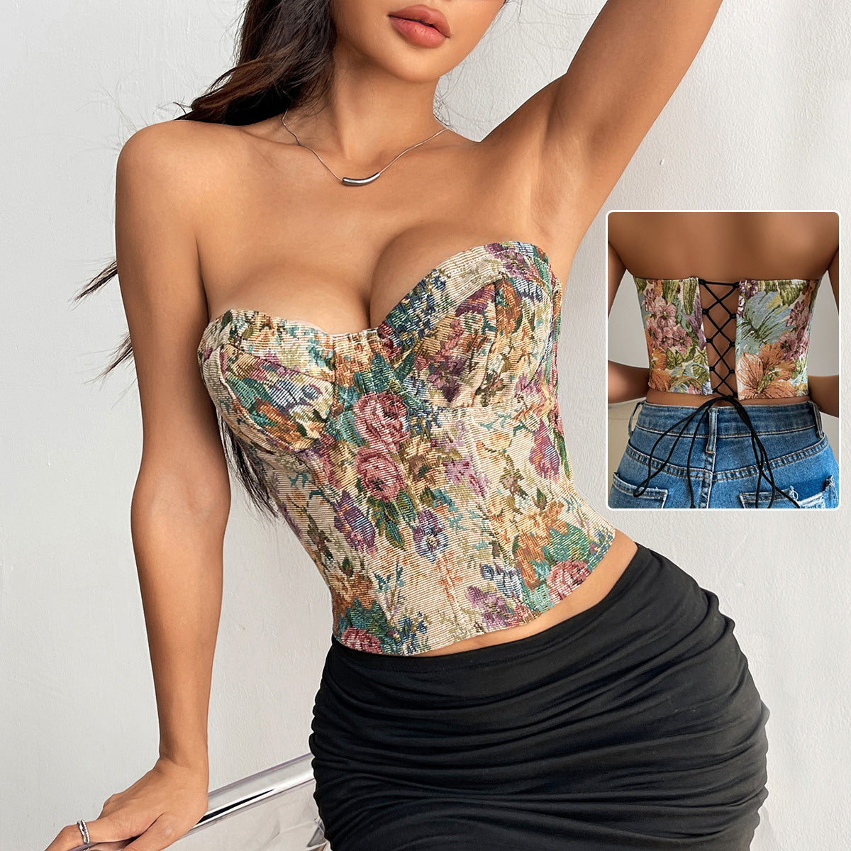 Floral Print Tube Top With Back Tie Cropped Lace Corset Tank