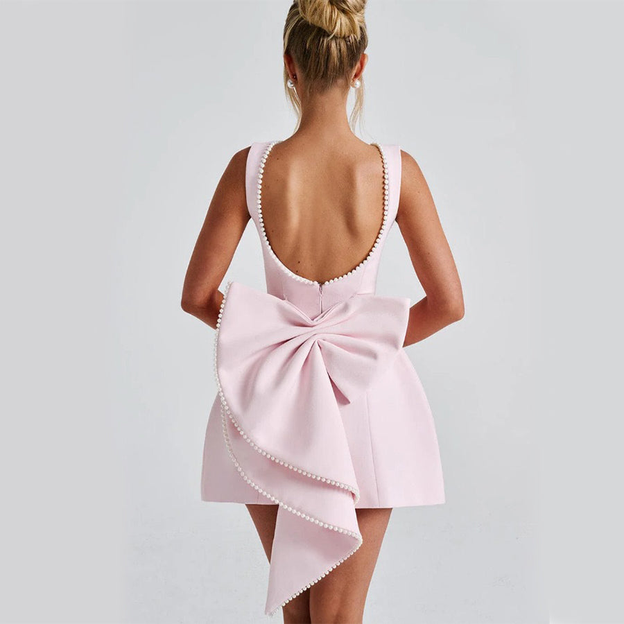 Women's Pearl Bow Backless A-Line Dress