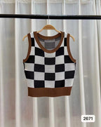 Plaid Square Knitted Camisole Soft Viscose Slim Fit Free Size