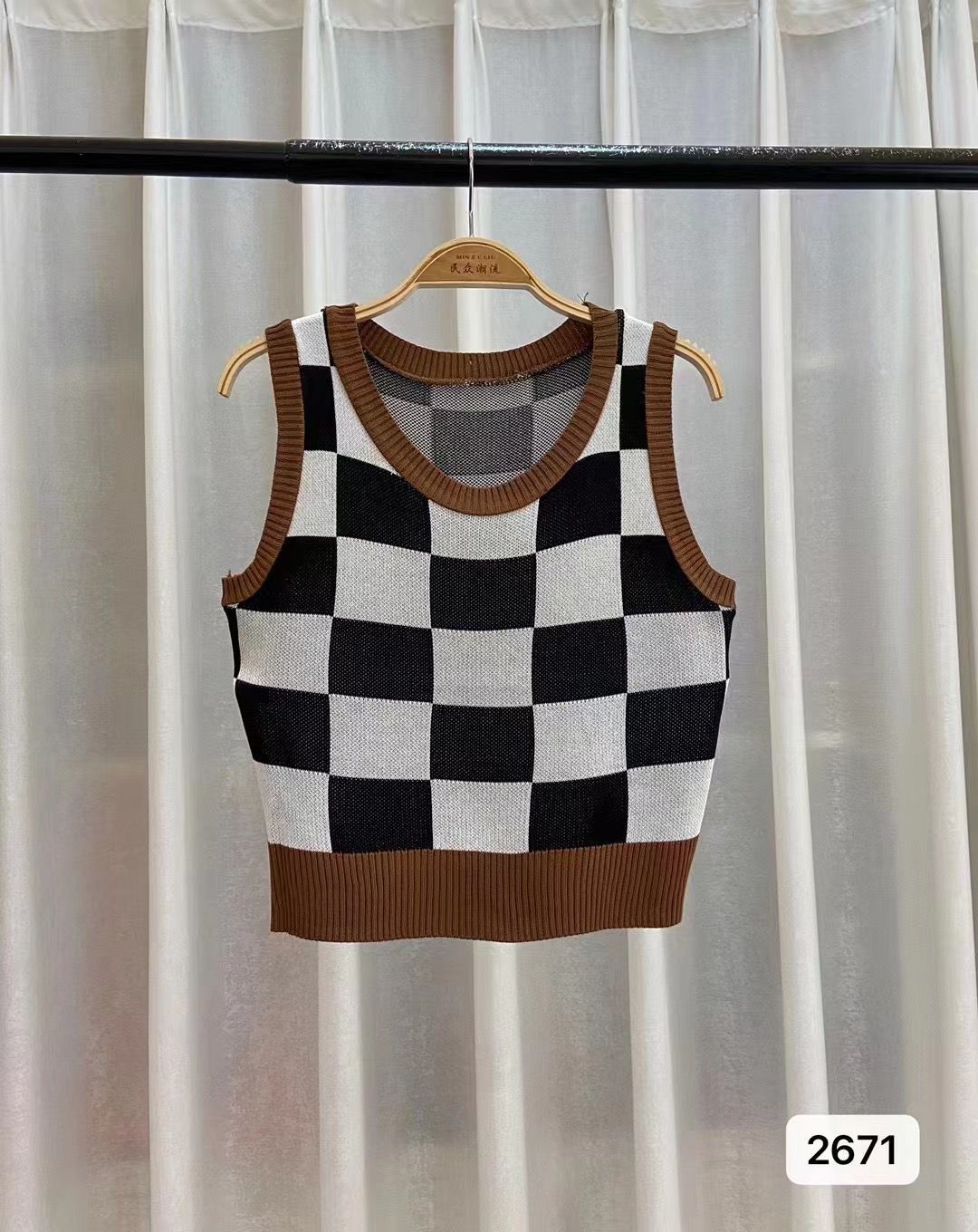 Plaid Square Knitted Camisole Soft Viscose Slim Fit Free Size