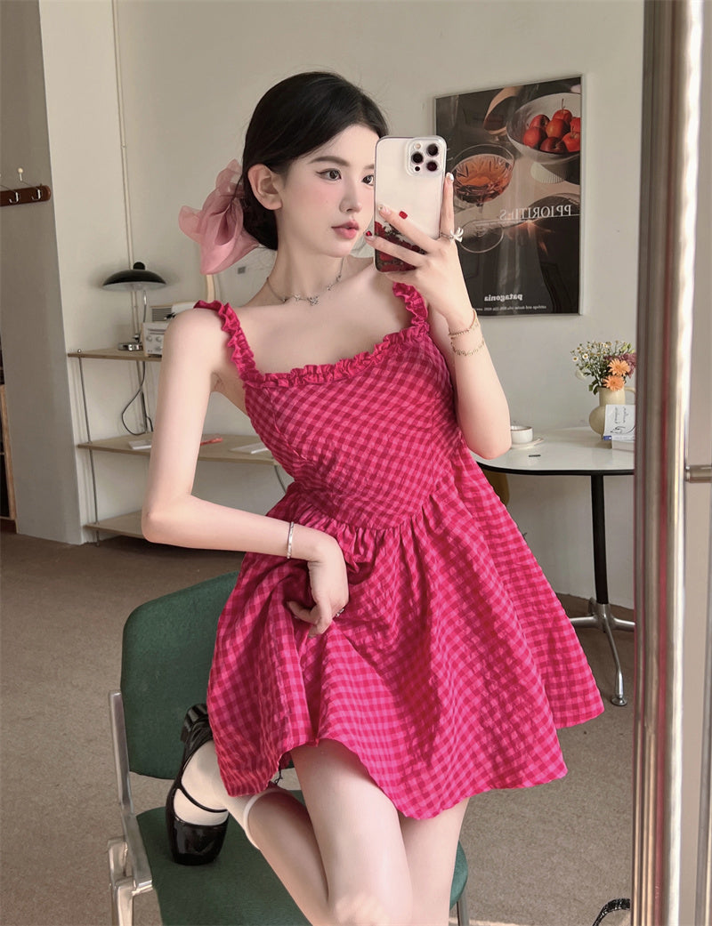 Raspberry Plaid Suspender Dress With High Waist Sleeveless