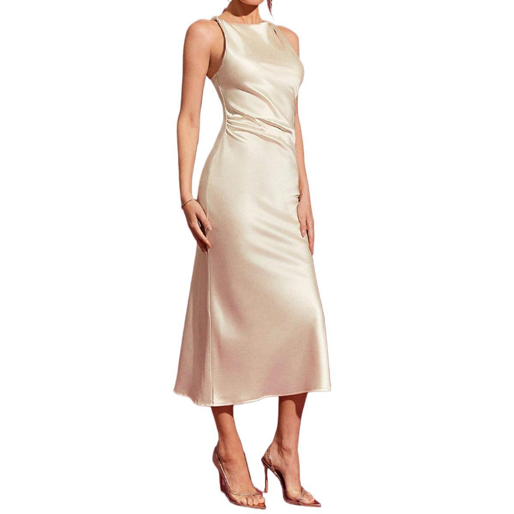 Apricot Satin High Waist Dress With Spaghetti Straps Sleeveless