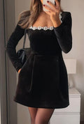 Elegant Square Neck Long Sleeve Dress With Floral Embellishments