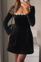 Elegant Square Neck Long Sleeve Dress With Floral Embellishments