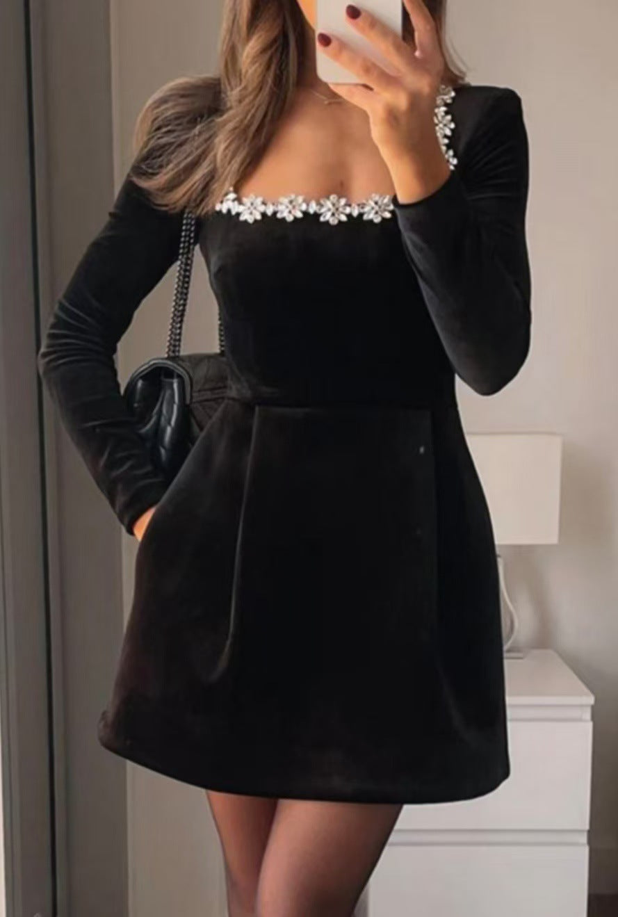 Elegant Square Neck Long Sleeve Dress With Floral Embellishments