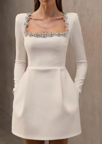 Elegant Square Neck Long Sleeve Dress With Floral Embellishments