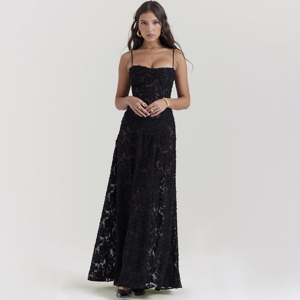 Suspender Lace Long Dress With Strapless Collar