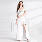 Milky White Off Shoulder Dress With Ruffled Sleeves Long Skirt