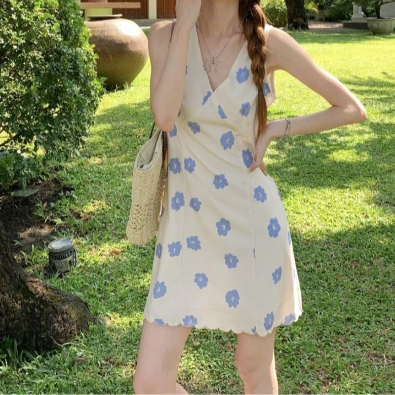 Retro Blue Floral V-neck Sleeveless Mini Dress