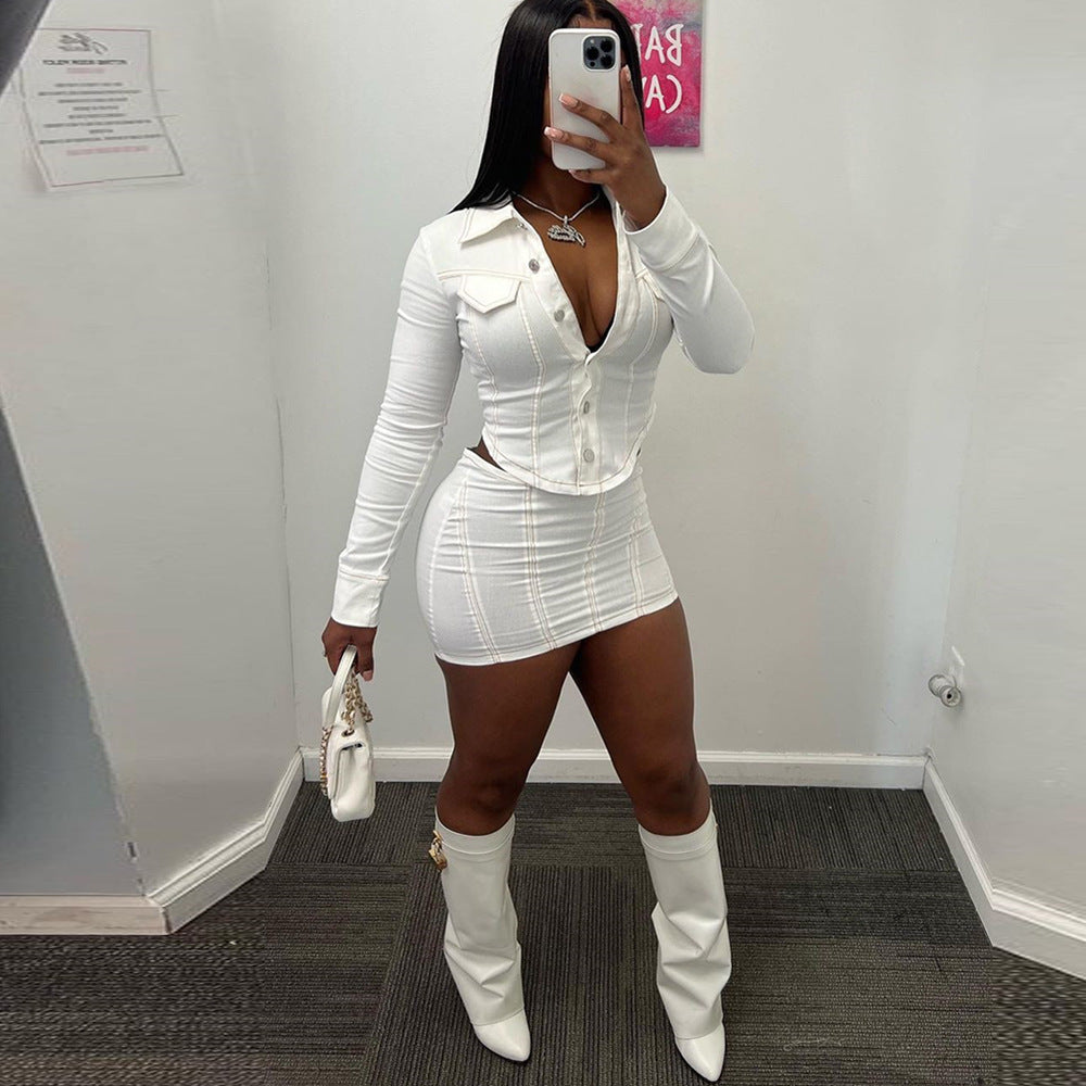 Chic Short Two Piece Skirt Set Solid Color Black White