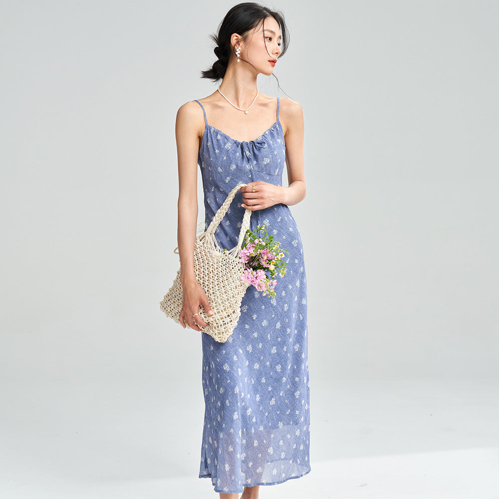 Spaghetti Strap Floral Print Dress In Gray And Blue With Long A Line