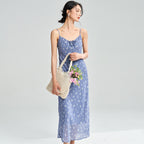 Spaghetti Strap Floral Print Dress In Gray And Blue With Long A Line