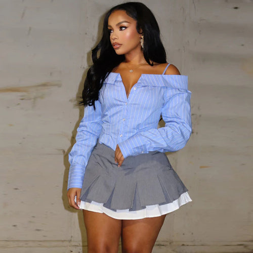 Blue Striped Cinched Long Sleeve Off Shoulder Top For Chic Street Style