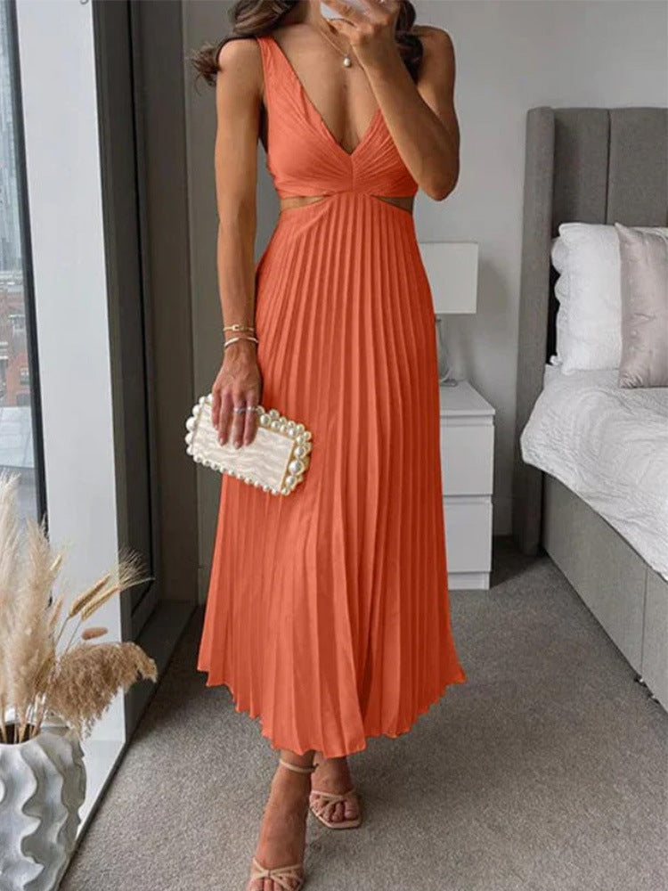 Women's V-Neck Backless Pleated Long Dress - Hollow Waist Design