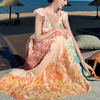 V-neck Ruffle Romantic French-Style Flowers Print Bow-knot Backless