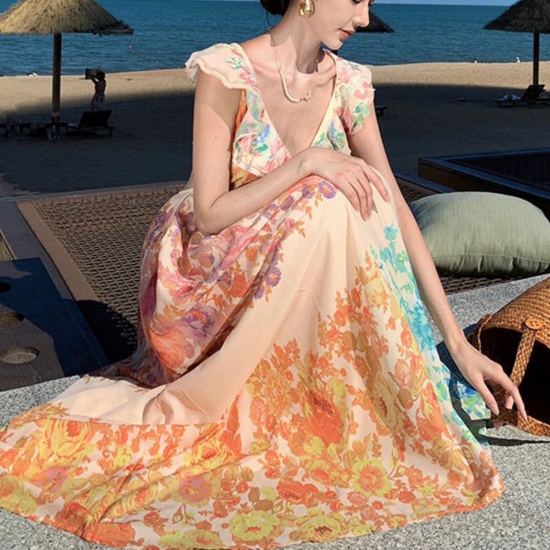 V-neck Ruffle Romantic French-Style Flowers Print Bow-knot Backless