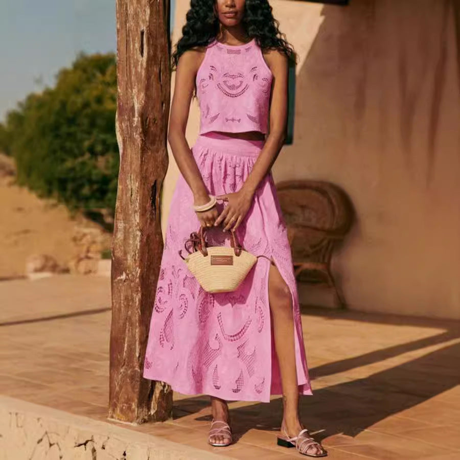 Elegant Pink Embroidered Sleeveless Top and Skirt Set Feminine Look