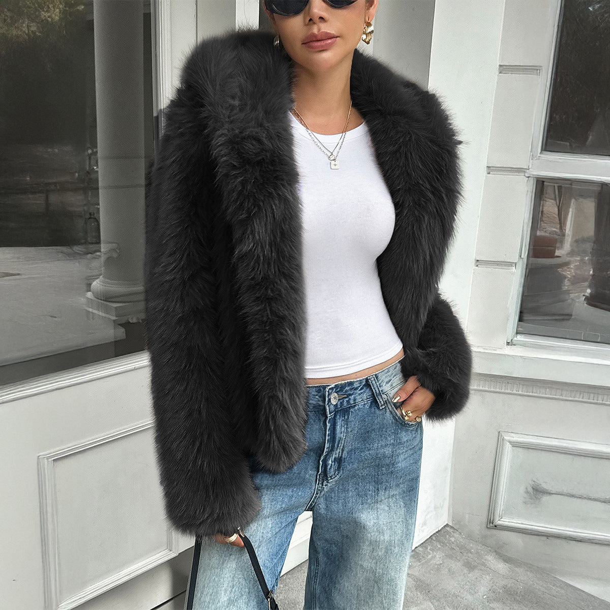 Cozy Plush Fleece Coat With Fur Collar Relaxed Casual Fit