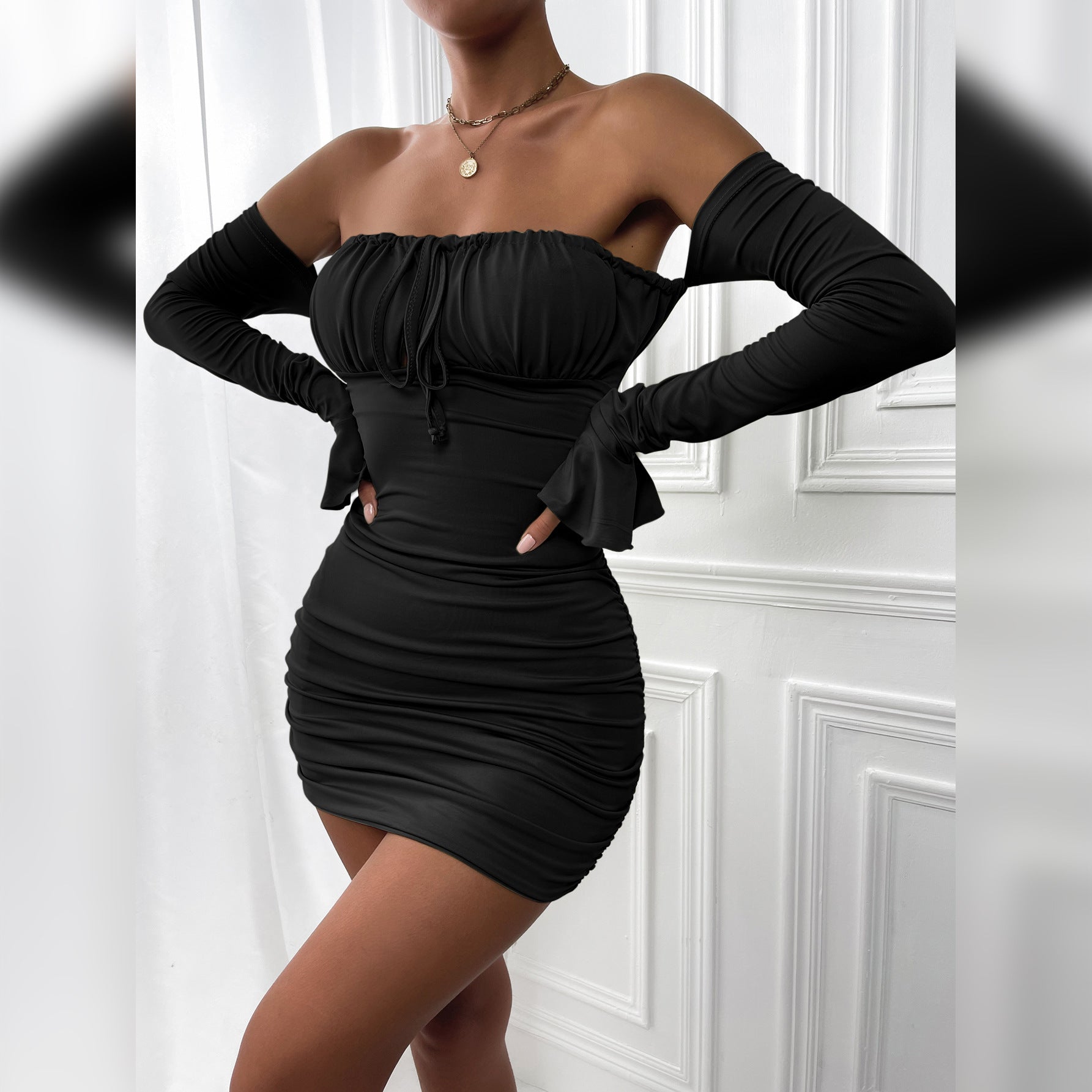 Fashion Slim Off-shoulder Long Sleeve Sexy Tie Pleated Short Dress