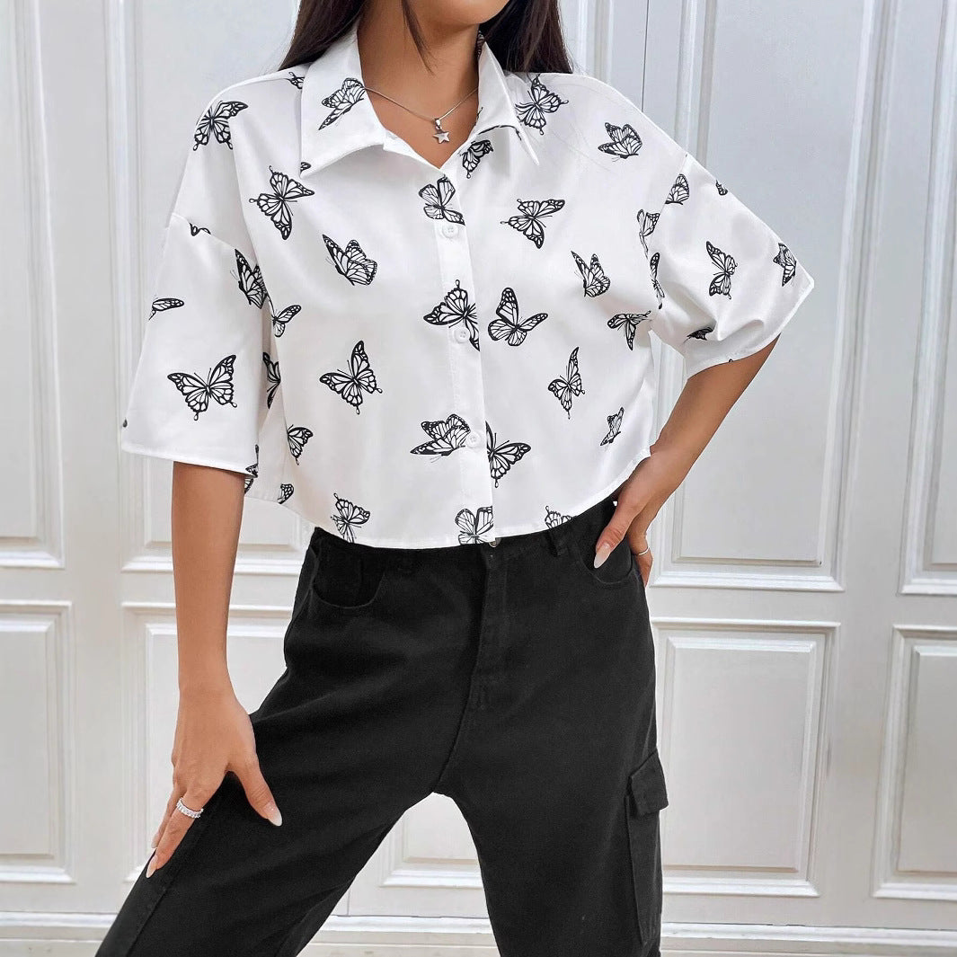 Butterfly Print Loose Shirt for Casual Chic in White and Blue