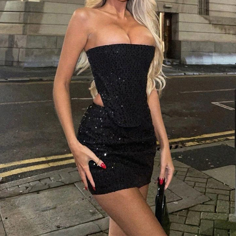Denim Sequins Set With Tube Top And Slim Skirt
