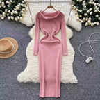 Elegant Slim-fit Sheath Stripes Knitted Dress