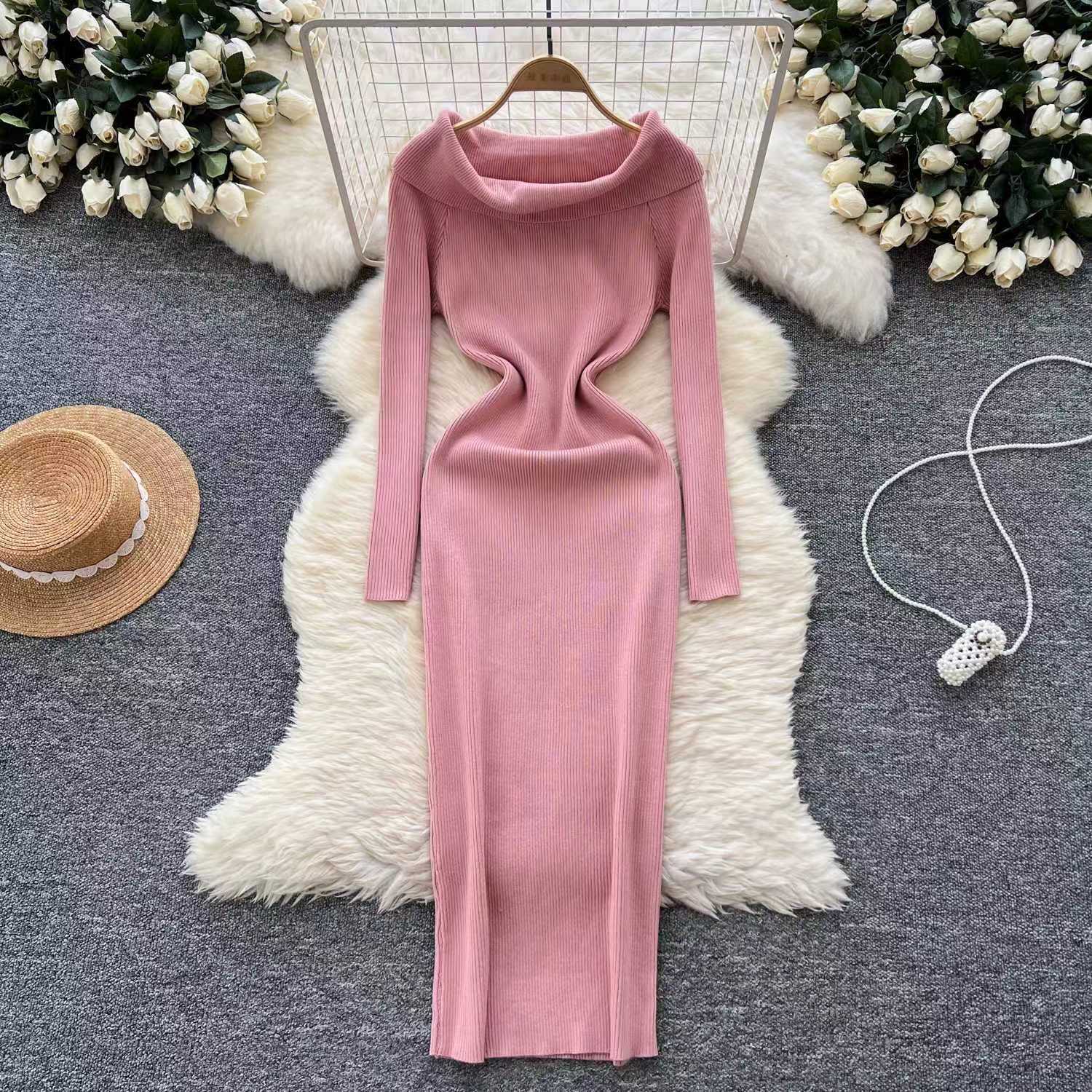 Elegant Slim-fit Sheath Stripes Knitted Dress