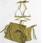 Three-Piece Army Green Bikini Set With Skirt For Beach And Poolside Relaxation Sun Ready Swimwear