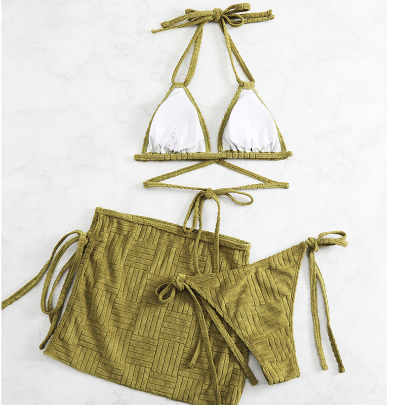 Three-Piece Army Green Bikini Set With Skirt For Beach And Poolside Relaxation Sun Ready Swimwear