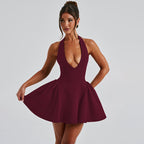 Deep V Neck Halter Backless Mini Dress