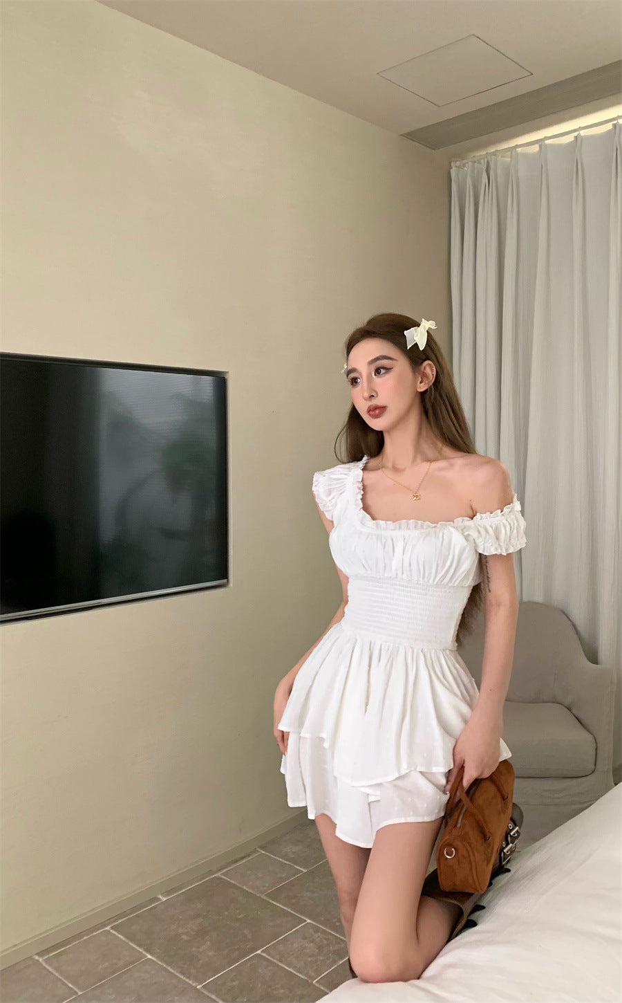 Sweet Spicy Cotton Dress With Collar Flounced Skirt And Ruffle Detail