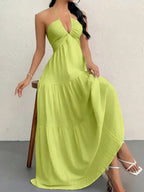 Backless Halter Neck A-Line Maxi Dress With Pleated Skirt For Beach Vacation