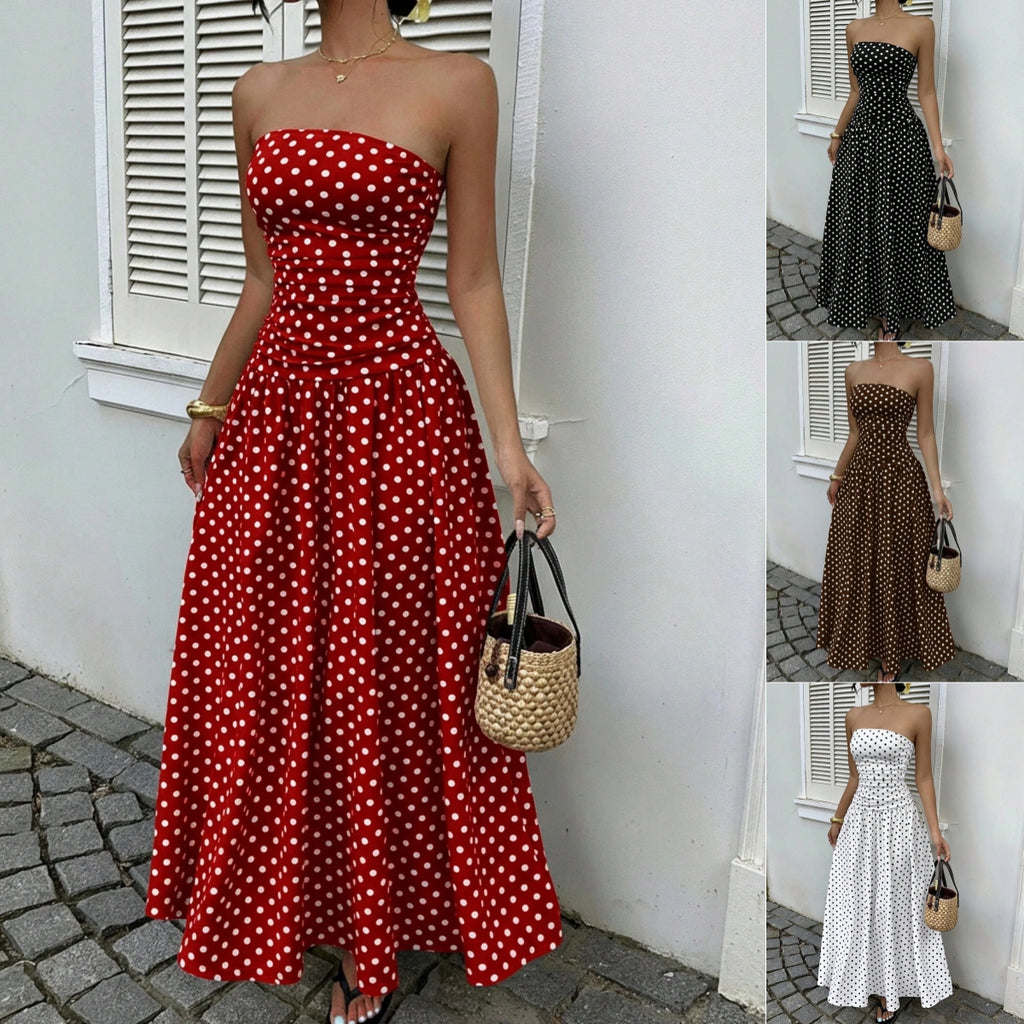 Elegant Polka-dot Off-shoulder High-waist Strapless Dress