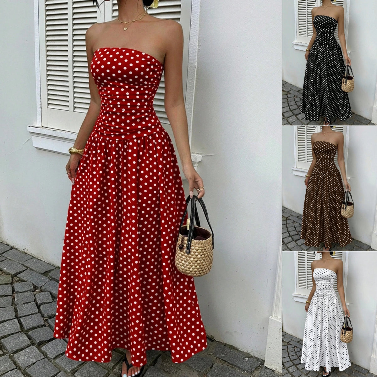 Elegant Polka-dot Off-shoulder High-waist Strapless Dress