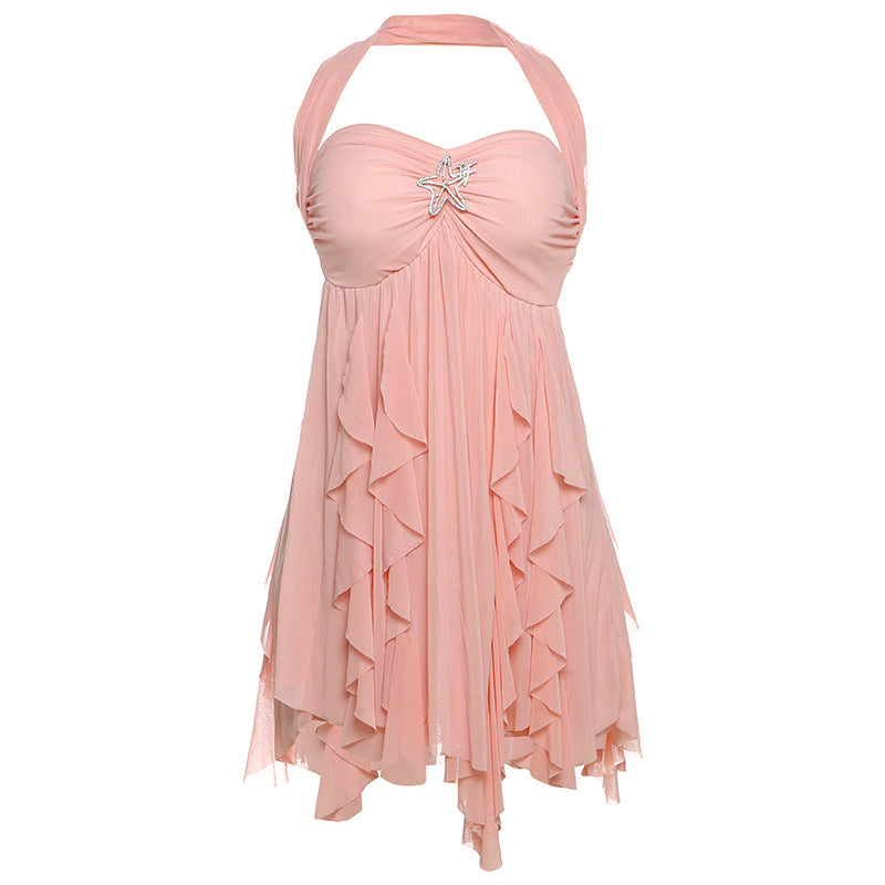 Halter Neck Backless Mesh Mini Printed Irregular Short Dress