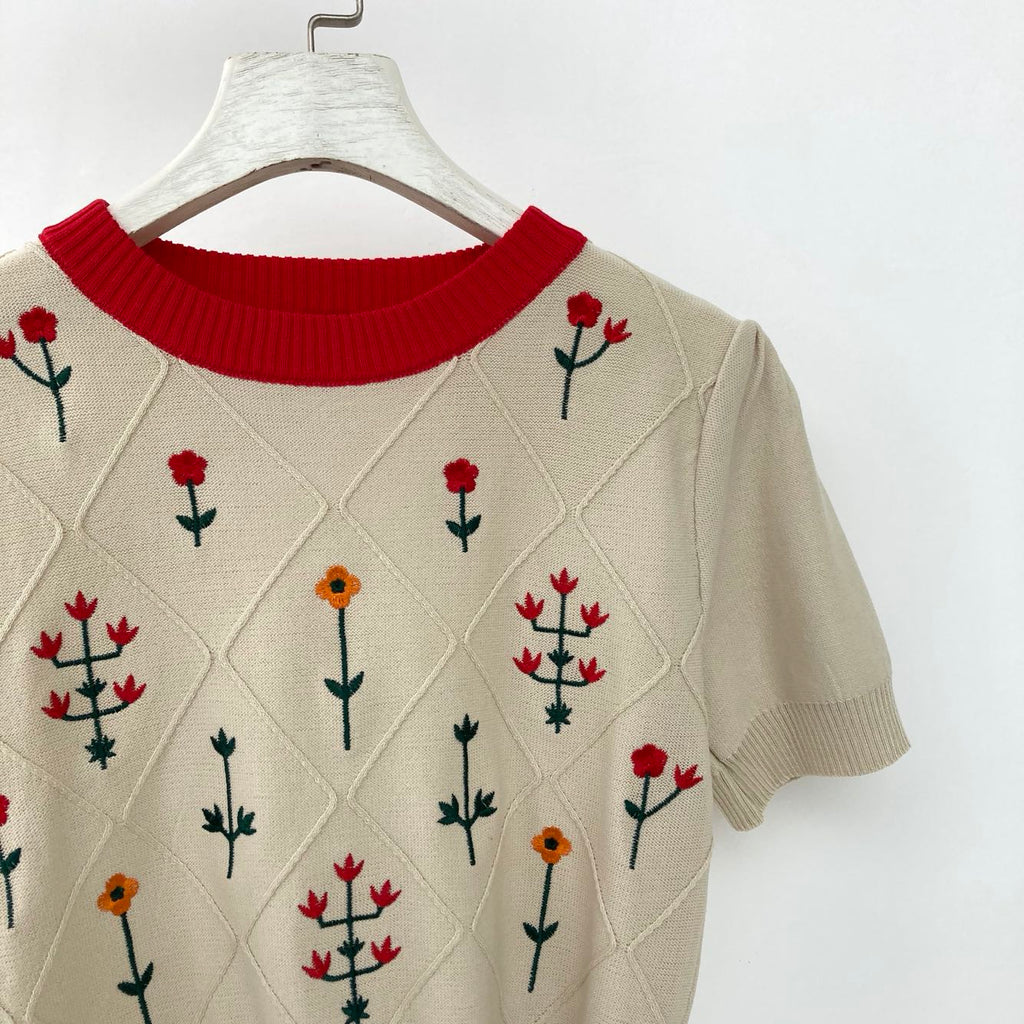 Apricot Floral Embroidered Cotton Knit Top