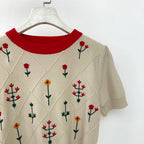 Apricot Floral Embroidered Cotton Knit Top