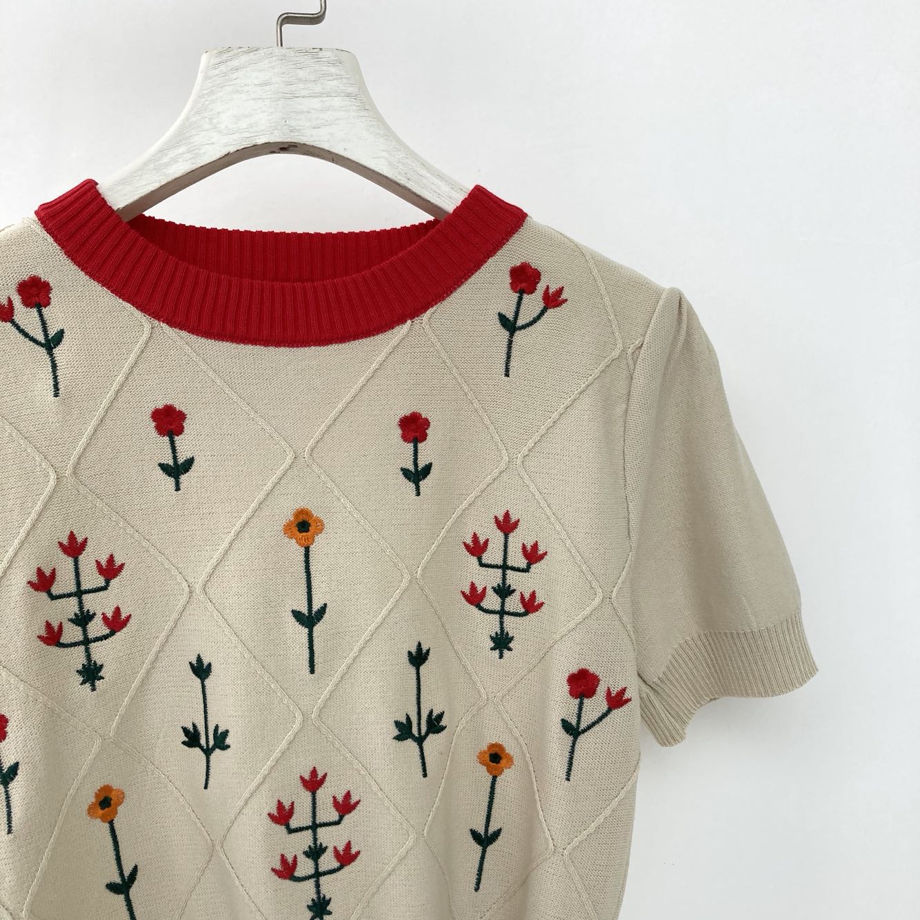 Apricot Floral Embroidered Cotton Knit Top