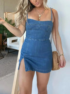 Slim Denim Dress With Back Zipper Design