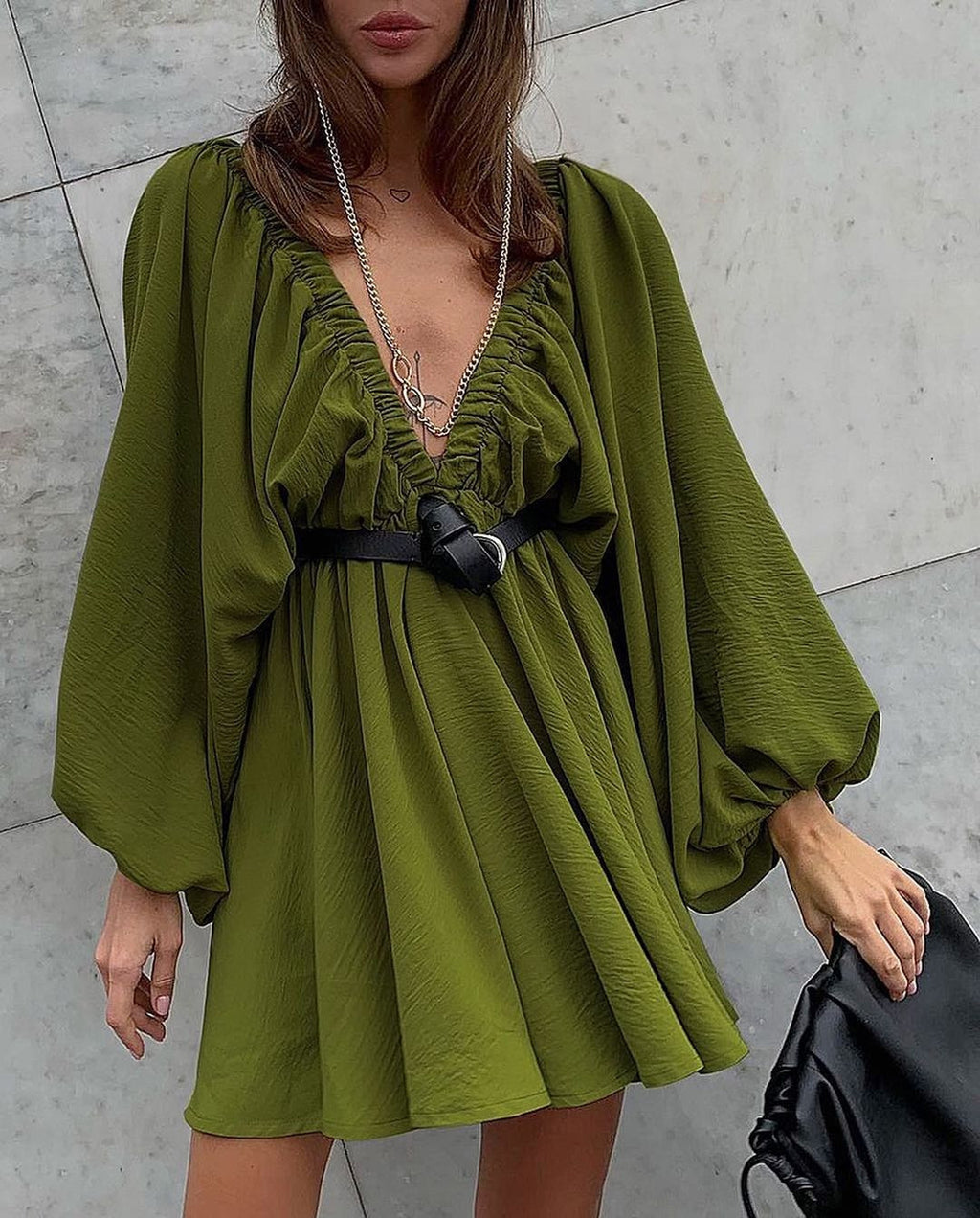V Neck Lantern Sleeve Dress With Pleated Skirt
