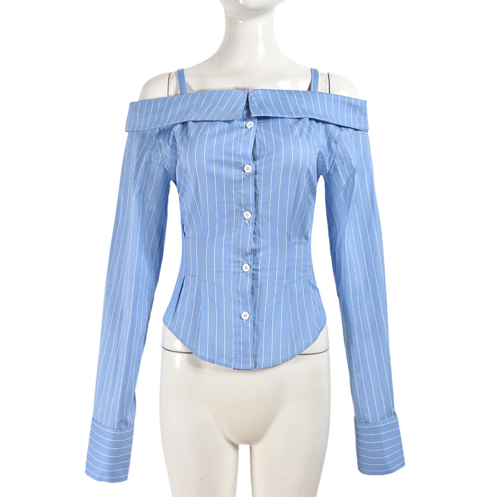 Blue Striped Cinched Long Sleeve Off Shoulder Top For Chic Street Style