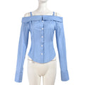 Blue Striped Cinched Long Sleeve Off Shoulder Top For Chic Street Style