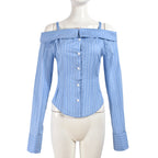 Blue Striped Cinched Long Sleeve Off Shoulder Top For Chic Street Style