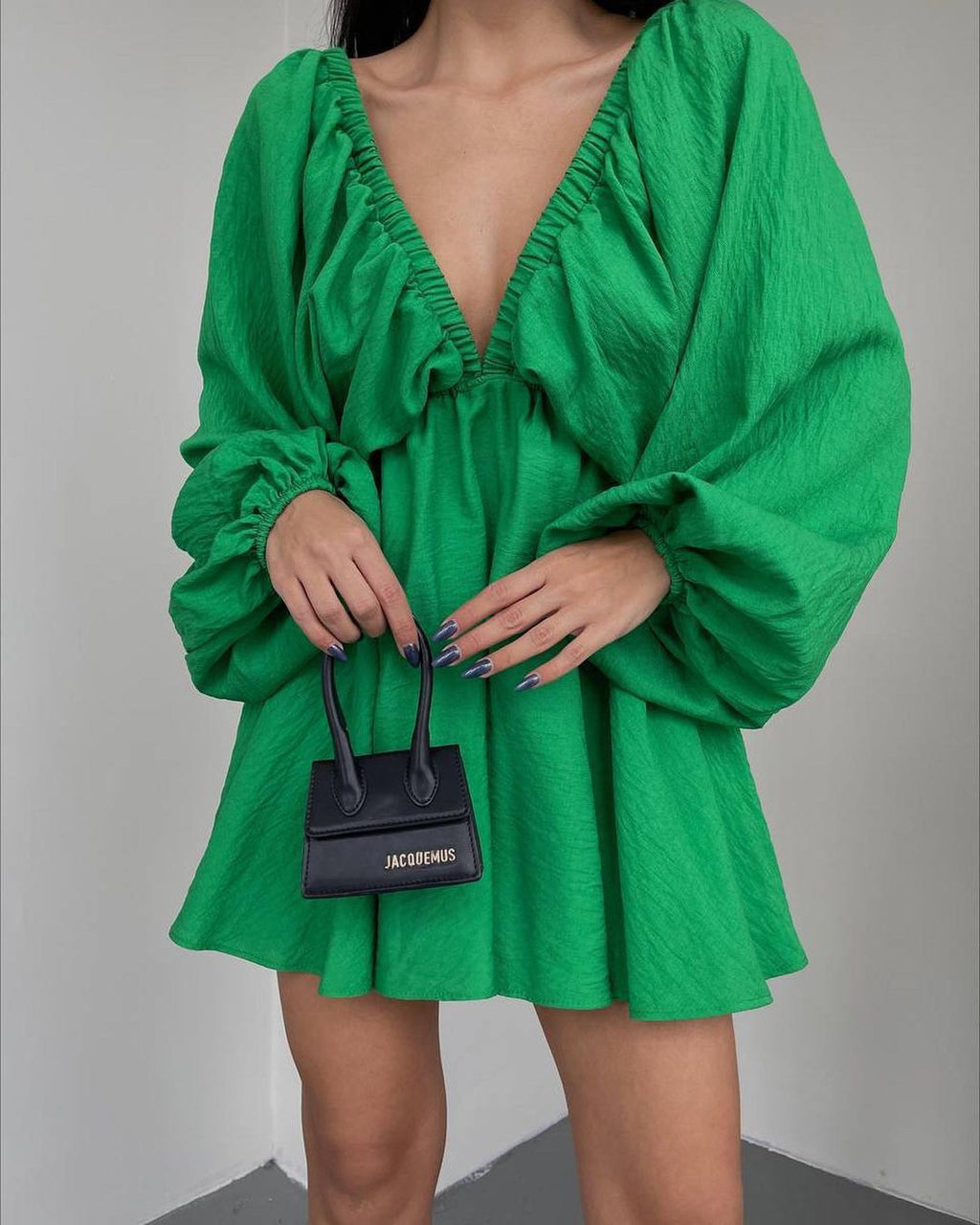 V Neck Lantern Sleeve Dress With Pleated Skirt