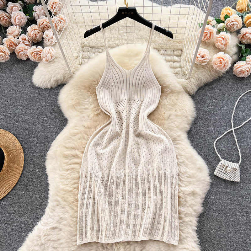 Hollow Knit Dress For Women With High Waist Short