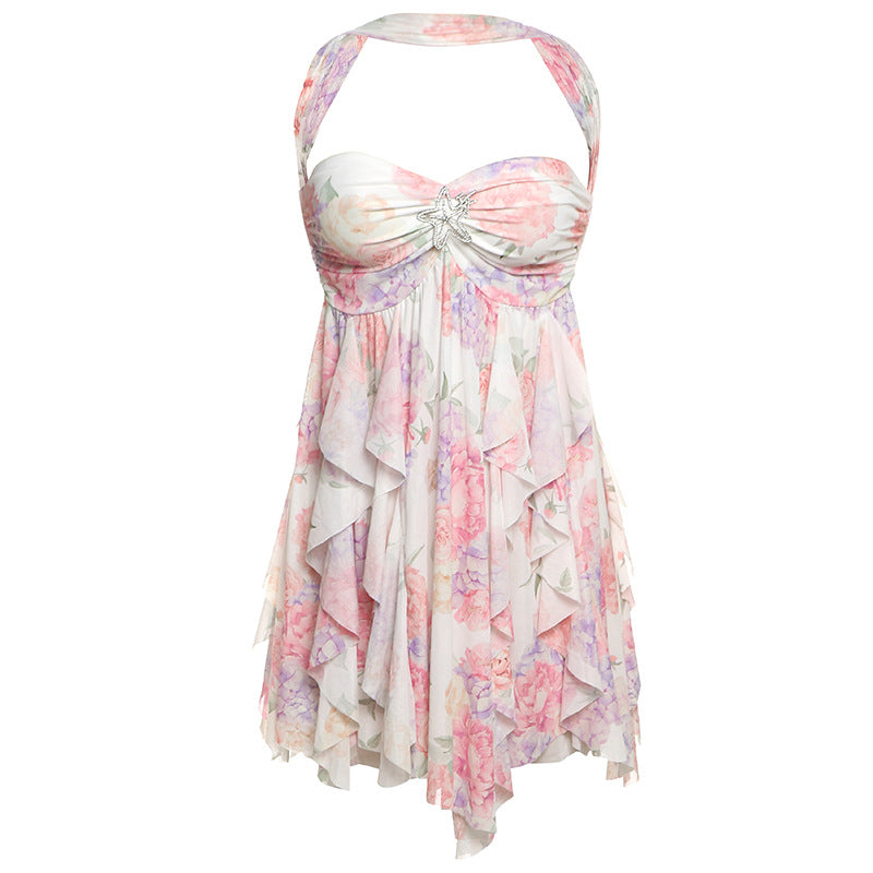 Floral Mesh Halter Dress With Backless Silhouette Irregular Print For Bold Night Out
