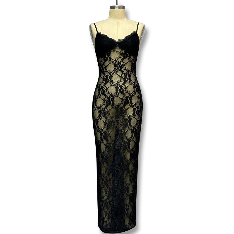 Lace Slim Dress With High Waist Sleeveless Black